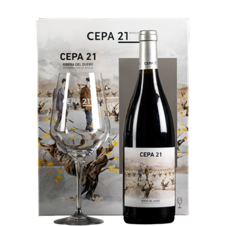 Botella de Cepa 21 en estuche con copa